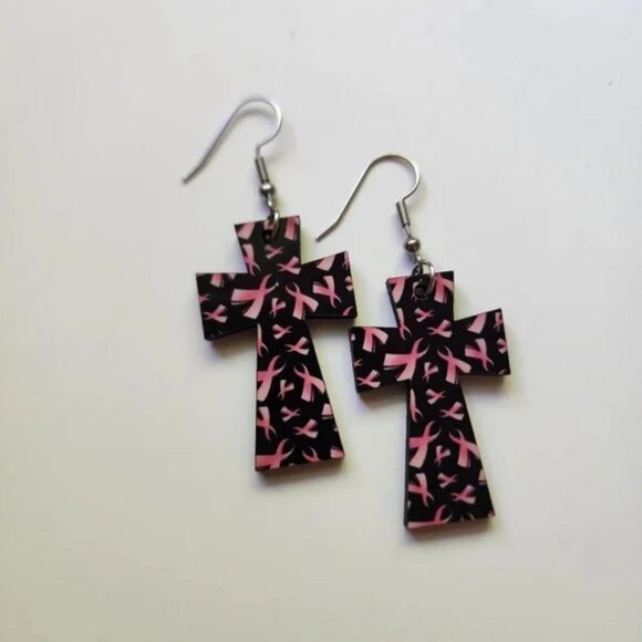 Pink Ribbon Wood Earrings - Picture 3 of 5